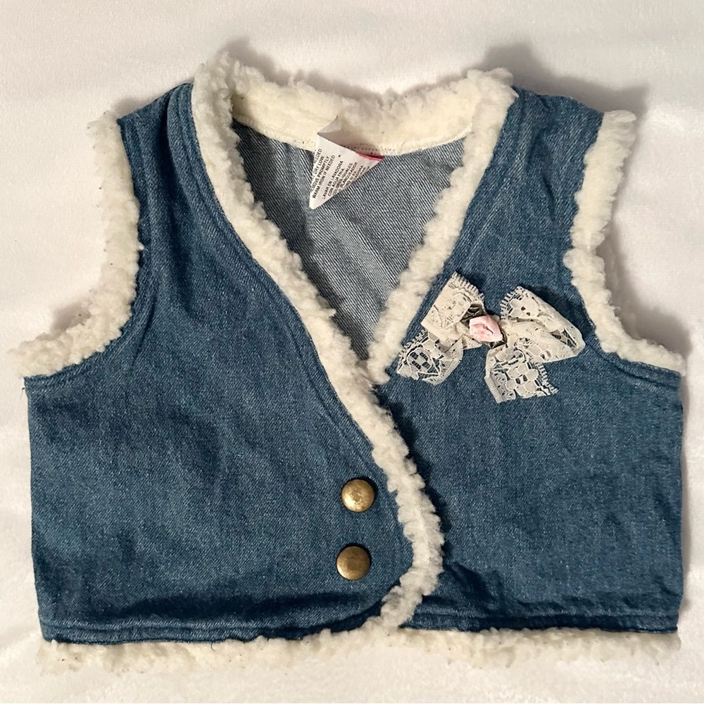 Vtg Hopscotch Cradle Togs Baby Denim Vest Sherpa Trim Lace Bow 6-9M cotton